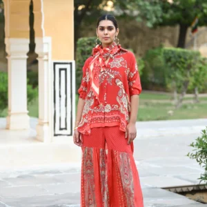 Red Festoon Sharara Coord Set with Stole