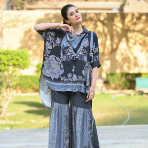 Blue Festoon Sharara Coord Set with Stole
