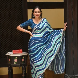 Cipia Artul in Blue and Sea Green Lehriya Crepe Saree with Scallop Mirror Work