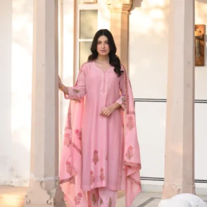 Rosa Block-Printed Mul Chanderi A line Suit Set