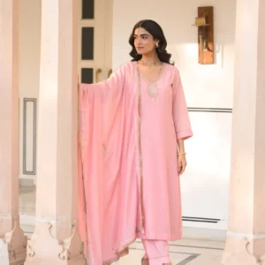 Light Pink Gota Work Mul Chanderi with Ghewar Hand Embroidery Suit Set