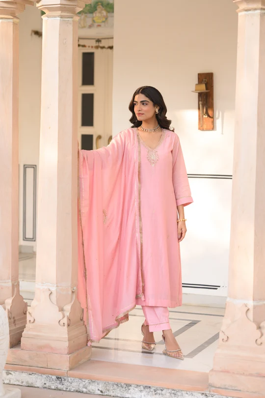 Light Pink Gota Work Mul Chanderi with Ghewar Hand Embroidery Suit Set