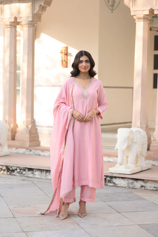 Light Pink Gota Work Mul Chanderi with Ghewar Hand Embroidery Suit Set - Image 4