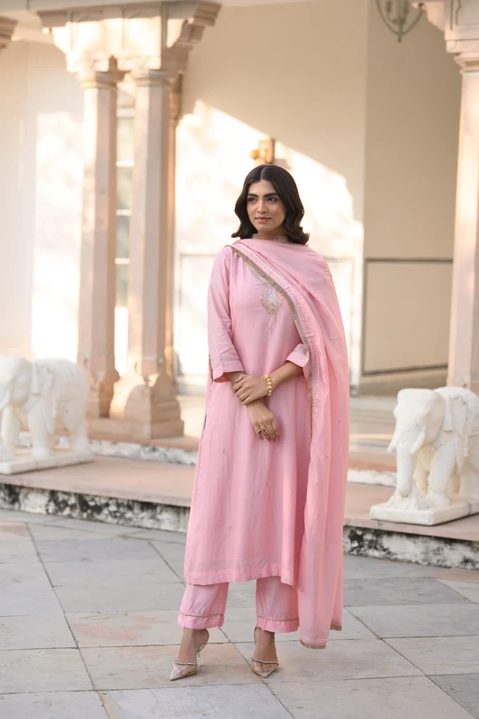 Light Pink Gota Work Mul Chanderi with Ghewar Hand Embroidery Suit Set - Image 2