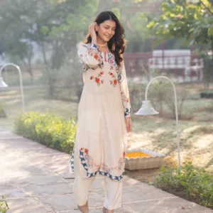 Ivory With Blue and Red Garland Print Muslin Kurta Set