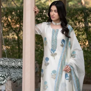 Off White with Blue Mughal Block Print Chanderi Suit