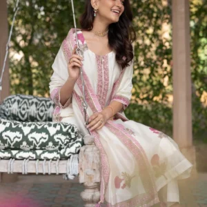 Off white with pink Mughal block print chanderi suit