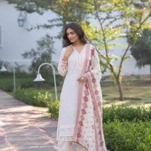 Cream Dobby Cotton with Lace and Red Block Printed Dupatta Suit Set
