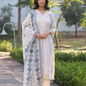 Cream Dobby Cotton with Lace and Blue Block Printed Dupatta Suit Set