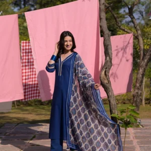 Blue Dobby Cotton with Lace and Block Printed Dupatta Suit Set