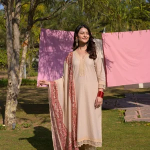 Beige Dobby Cotton with Lace and Block Printed Dupatta Suit Set