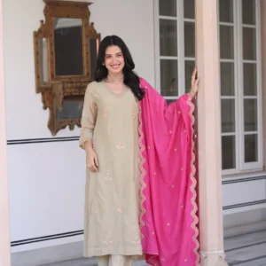 Beige Marodi Spread Work Kurta with Pink Scallop Dupatta Mul Chanderi Suit Set