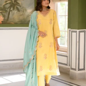 Butter Yellow Marodi Spread Work Kurta with Sea Green Scallop Dupatta Mul Chanderi Suit Set