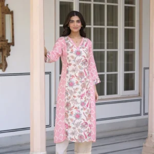 Pink Bandhini With Floral Jaal Print Muslin Kurta Set