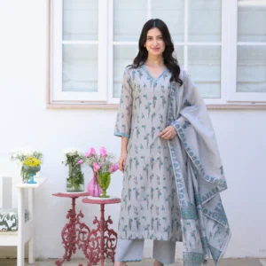 Grey Daisy Suit Set with thread scallope Work in Neck and Pant