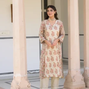 Beige With Pink Buti and Jaal Muslin Kurta Set