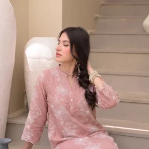 Peach Floral Chiffli Pure Cotton Kurta Set with Scallope Border