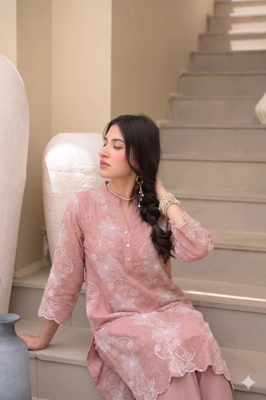 Peach Floral Chiffli Pure Cotton Kurta Set with Scallope Border - Image 2