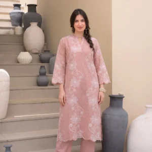 Peach Floral Chiffli Pure Cotton Kurta Set with Scallope Border