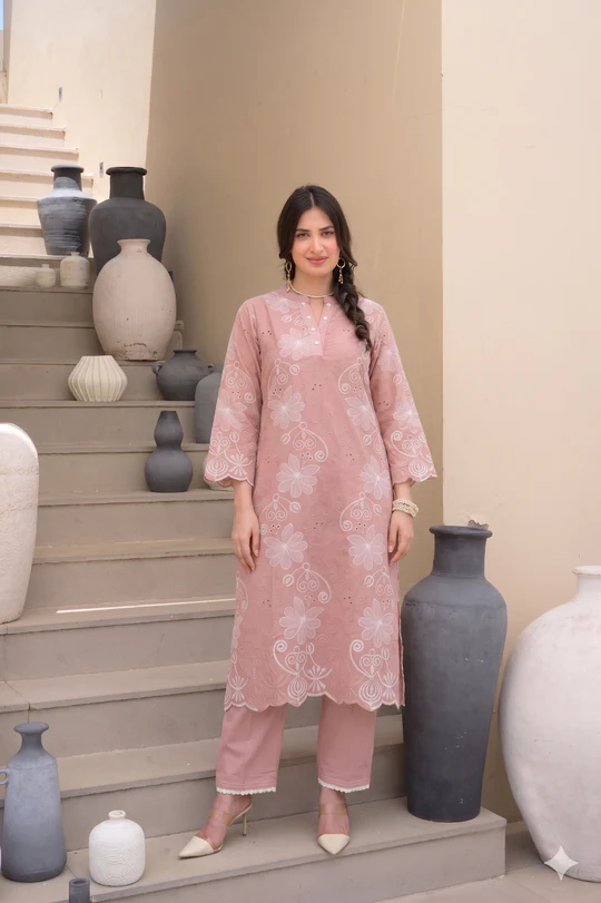 Peach Floral Chiffli Pure Cotton Kurta Set with Scallope Border - Image 3