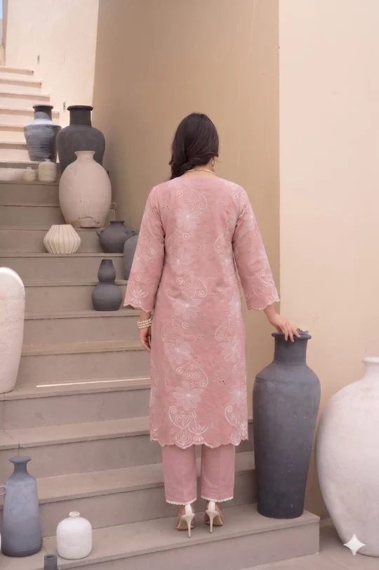 Peach Floral Chiffli Pure Cotton Kurta Set with Scallope Border - Image 4