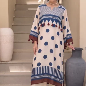 Beige and Indigo Polka Muslin Tassel Kurta Set