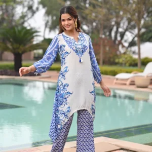 Blue and White Spring Placement Kurta Set