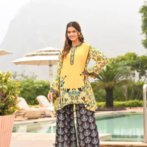 Yellow and Blue Spring Summer Block and Placement Print kurta Top with Flared pants