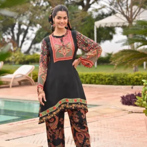 Black Paisley Placement Print Kurta Set