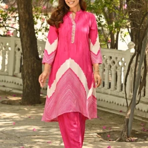 Pink Lehariya Muslin Kurta Set with Gota Work on Neck