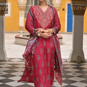 Red Block Print Gota and Sequence Muslin A line Suit
