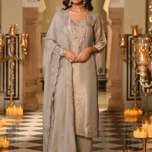 Grey Premium Pure Muslin Silk Jacquard with Hand Embroidery, With Scallop Dupatta Suit Set