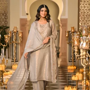 Grey Premium Pure Muslin Silk Jacquard with Hand Embroidery, With Scallop Dupatta Suit Set