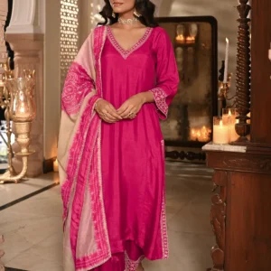 Pinkish Red Kurta with Marodi and Aari Work and Ghewar Print Dupatta with Gota Patti and Aari Work Suit Set