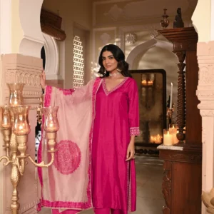 Pinkish Red Kurta with Marodi and Aari Work and Ghewar Print Dupatta with Gota Patti and Aari Work Suit Set