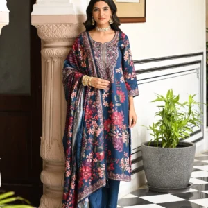 Blue and Red Floral Thread Embroidery Muslin Suit Set