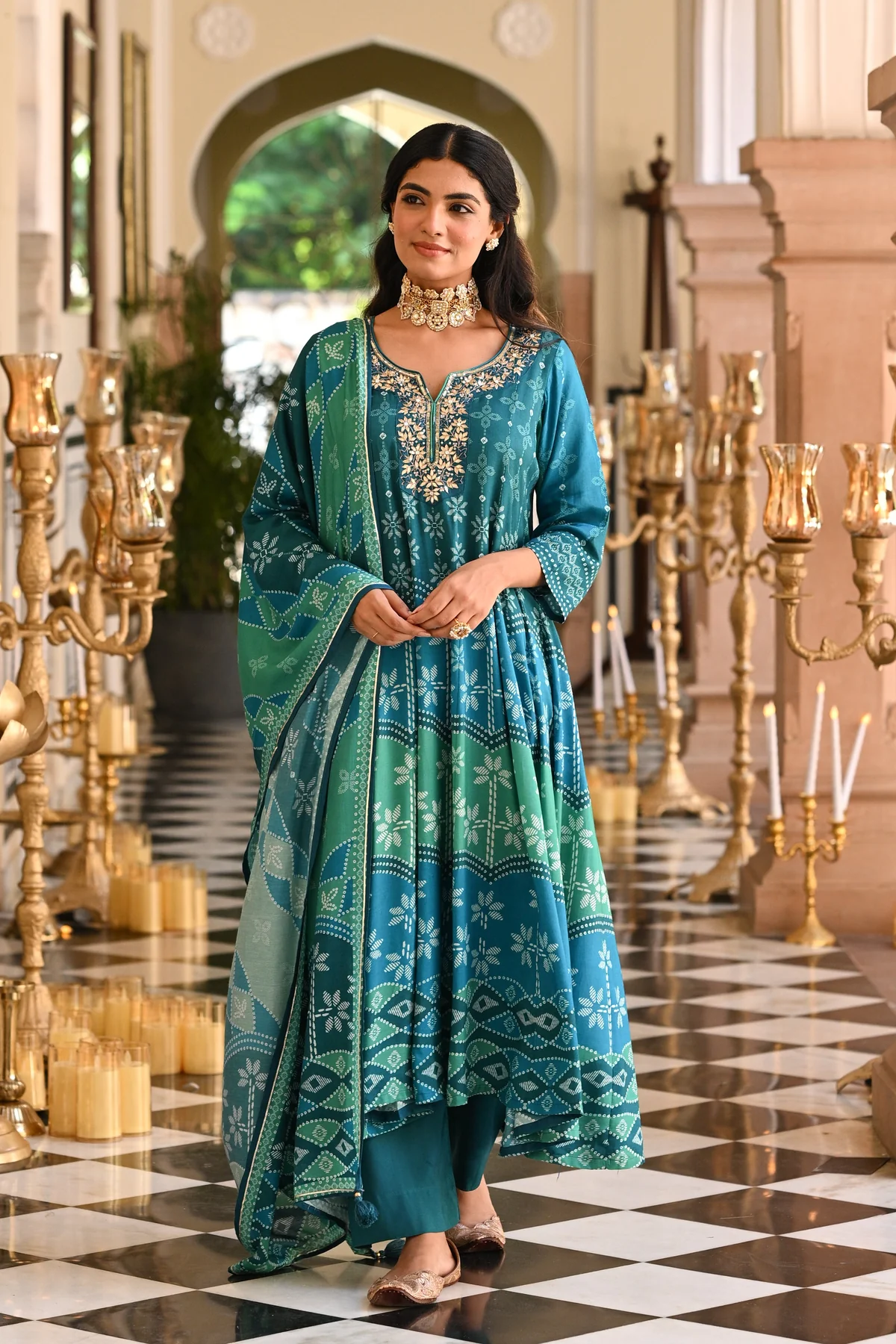 Bluish Green Muslin Anarkali Suit Set with Gota Work on Neck - Image 2