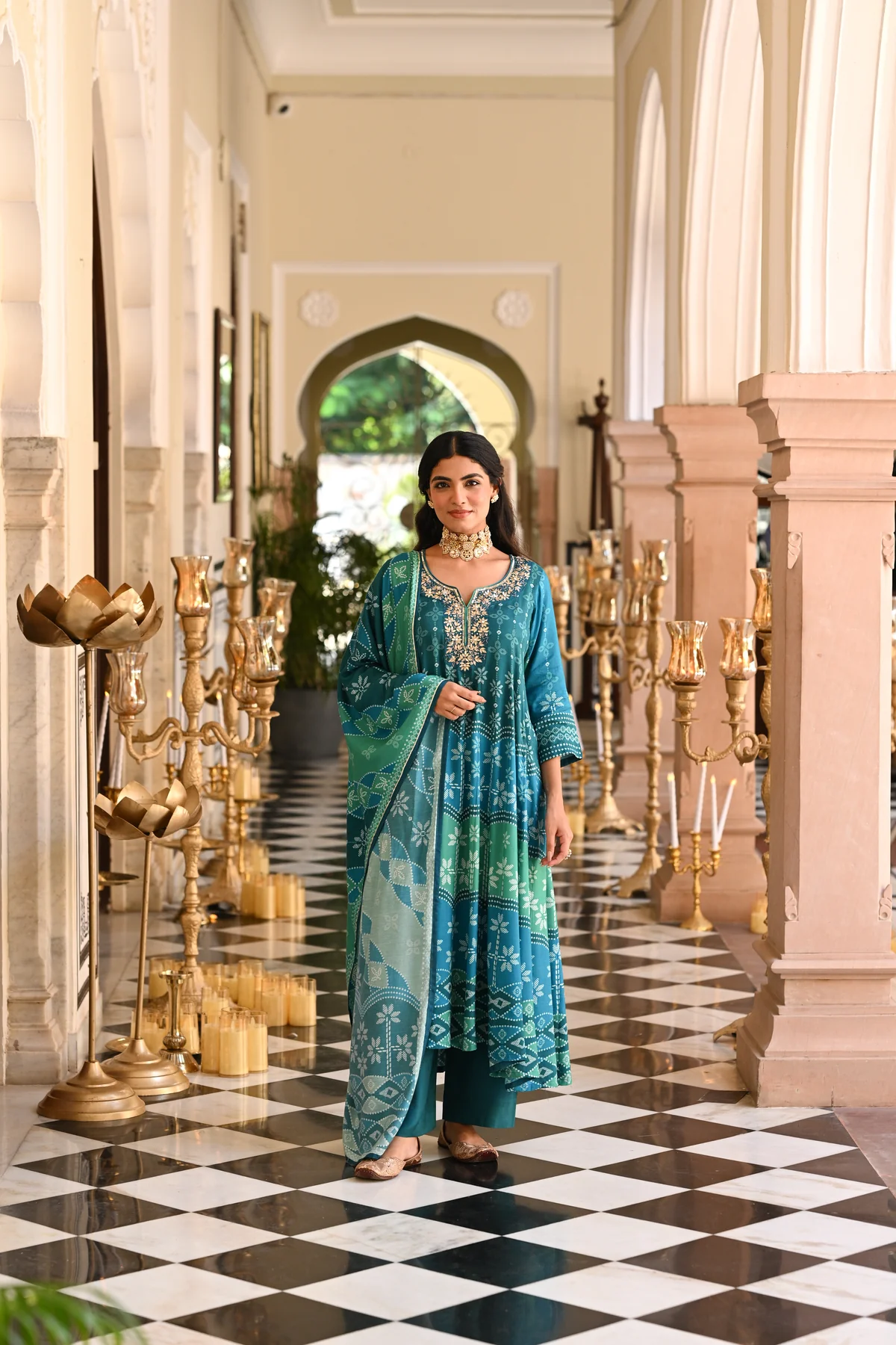 Bluish Green Muslin Anarkali Suit Set with Gota Work on Neck - Image 3