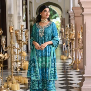 Bluish Green Muslin Anarkali Suit Set with Gota Work on Neck