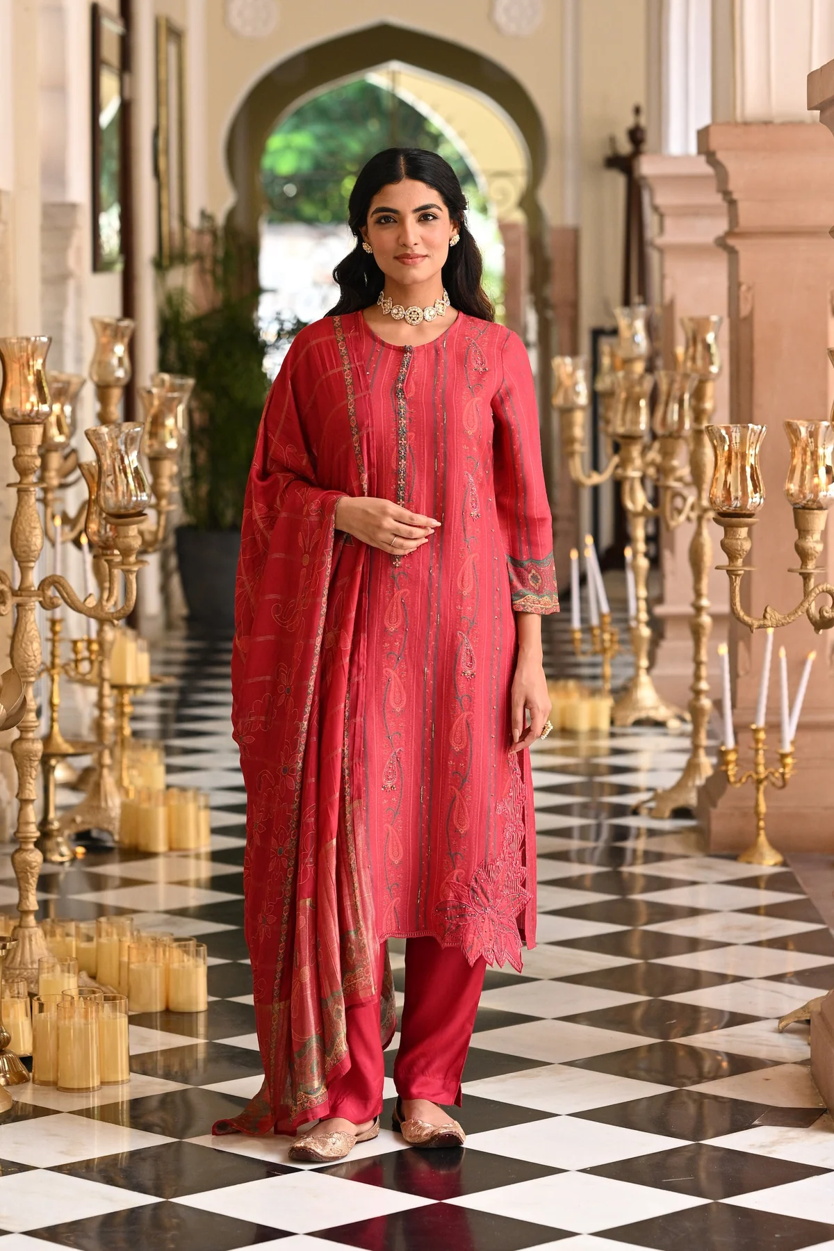 Cardinal Red Cut Work Scallope Kurta with Beads Work Paisley Print Kurta with Zari border Dupatta Suit Set - Image 2
