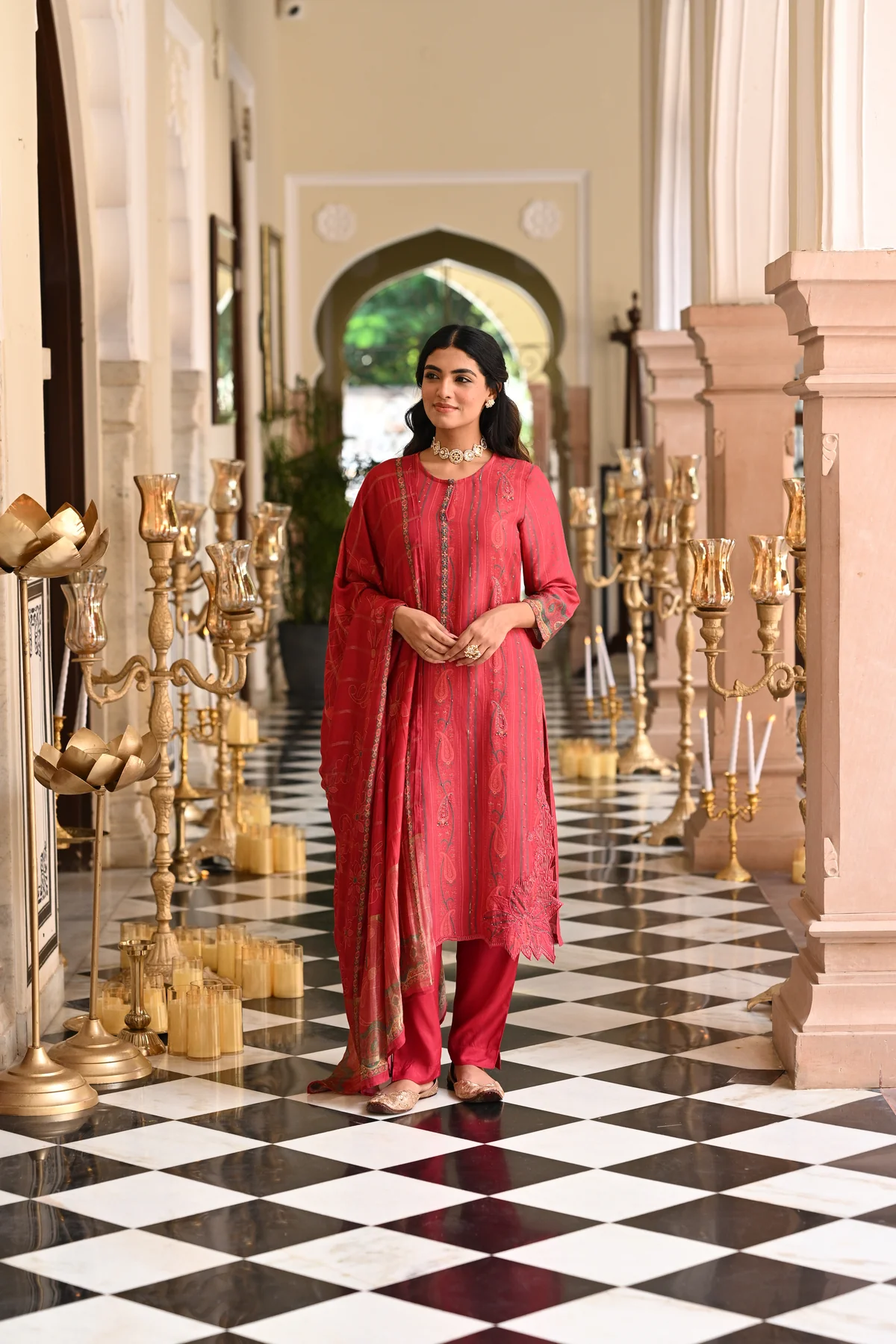 Cardinal Red Cut Work Scallope Kurta with Beads Work Paisley Print Kurta with Zari border Dupatta Suit Set - Image 3