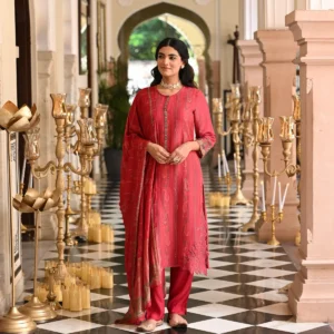 Cardinal Red Cut Work Scallope Kurta with Beads Work Paisley Print Kurta with Zari border Dupatta Suit Set