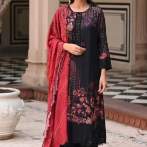 Black and Red Paisley Print with Scallope Cut Work on Kurta and Scallope Dupatta
