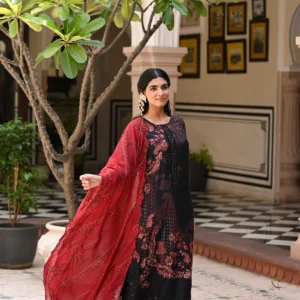 Black and Red Paisley Print with Scallope Cut Work on Kurta and Scallope Dupatta