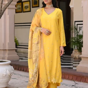 Yellow Shimmer Muslin with Threadwork motifs and Cut Work Scallop Suit Set