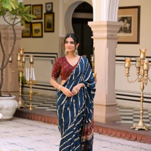 Blue Lehariya Block Print with Aari, Sequence and Mirror Work Crepe Saree