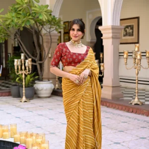Yellow Lehariya with Ghewar Print Crepe Saree with Aari, Sequence and Mirror Work