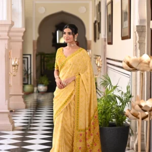 Yellow Bandhani With Patola Design Saree With Mirror Aari And Sequence Work