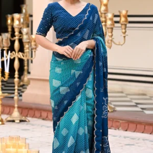 Turquoise Blue and Green Bandhani Saree With Mirror , Aari and Sequence work