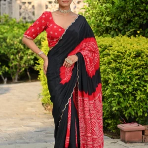 Black and Red Ghewar Print Crepe Saree with Aari and Mirror Work and Scallop Border